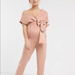ASOS DESIGN Maternity fallen shoulder scuba jumpsuit in blush pink